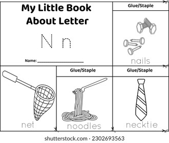 Logical printable worksheet alphabet beginning sounds flip book in black and white.Letter N, nails, net, noodles, necktie
