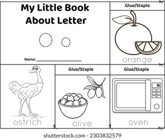 Logical printable worksheet alphabet beginning sounds flip book in black and white.Letter O, ostrich, olives, oven, orange