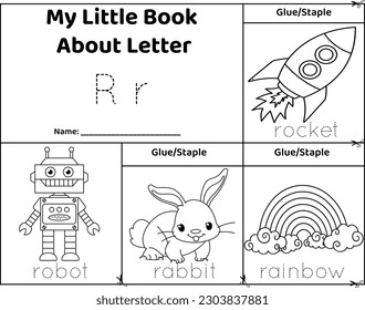 Logical printable worksheet alphabet beginning sounds flip book in black and white.Letter R, rocket, robot, rabbit, rainbow