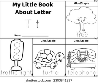 Logical printable worksheet alphabet beginning sounds flip book in black and white.Letter T, tree, traffic light, turtle, telephone