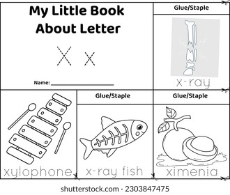 Logical printable worksheet alphabet beginning sounds flip book in black and white.Letter X, x-ray, x-ray fish, xylophone, ximenia