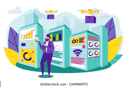 Logical Production Control Systems in Production. Vector Illustration. Man in Business Suit Controls Drones and Automation with Smartphone. Online Application for Managing Production Machines.