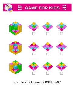 Logisches Puzzlespiel. Aufmerksamkeitsaufgaben für Kinder. Sie müssen die richtige Draufsicht der Würfel finden. IQ-Schulungstest. 