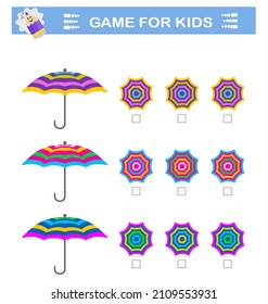 Logical puzzle game. Attention tasks for children. Need to find correct top view of umbrellas. IQ training test. 