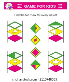 Logical puzzle game. Attention tasks for children. Need to find correct top view. IQ training test. 