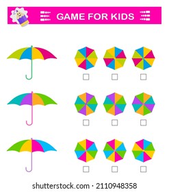 Logical puzzle game. Attention tasks for children. Need to find correct top view of umbrellas. IQ training test. 