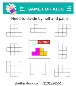 Juego de rompecabezas lógico. Tareas de atención para los niños. Hay que dividir por la mitad y pintar. 