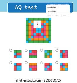 Logical puzzle game. Attention tasks for children. Find the element hidden behind the white square. IQ training test. Worksheet.