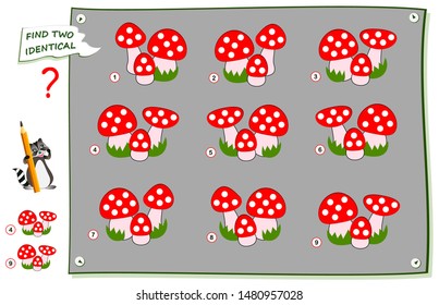 Logical puzzle game for children and adults. Find two identical images of mushrooms. Printable page for brainteaser book. Developing kids spatial thinking skills. IQ logic brain training test.