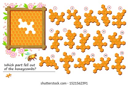 Logical puzzle game for children and adults. Which part fell out of the honeycombs? Printable page for kids brain teaser book. Developing spatial thinking skills. IQ training test. Vector image.