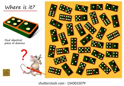 Logical Puzzle Game For Children And Adults. Need To Find Place Where Is The Same Piece Of Domino. Printable Page For Kids Brain Teaser Book. Developing Spatial Thinking Skills. IQ Test. Vector Image.