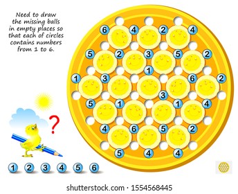 Logical puzzle game for children and adults. Sudoku for kids. Need to draw missing balls in empty places so that each of circles contains numbers from 1 to 6. Printable page for brain teaser book.