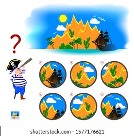 Logical Puzzle Game For Children And Adults. Find The Correct View Which Pirate Sees In Spyglass. Printable Page For Kids Brain Teaser Book. Developing Spatial Thinking Skills. IQ Training Test.