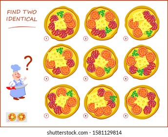 	Logical puzzle game for children and adults. Need to find two identical pizzas. Educational page for kids. IQ training test. Printable worksheet for brain teaser book. Vector cartoon image.