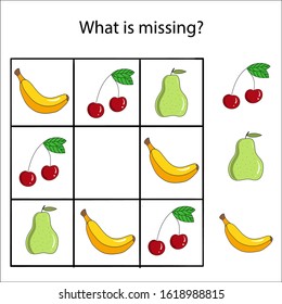 Logical puzzle game for children and adults. Сircle the missing fruit with a pencil. Developing kids attentiveness and spatial, mathematical thinking skills. IQ training test