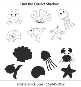 Logical puzzle game for children and adults. Find the correct silhouette in the underwater world. Developing kids attentiveness and spatial, mathematical thinking skills. IQ training test.