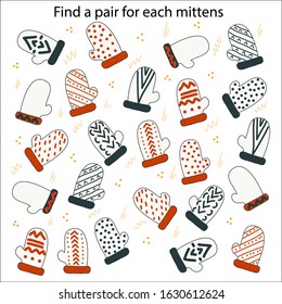 Logical puzzle game for children and adults.  Find a pair for each mittens. Developing kids attentiveness and spatial, mathematical thinking skills. IQ training test.