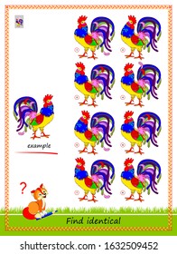 Logical puzzle game for children and adults. Need to find rooster identical the example. Printable page for kids brain teaser book. Developing spatial thinking skills. IQ test. Vector cartoon image.
