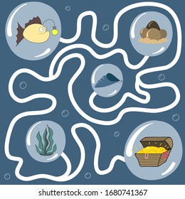 Logical puzzle game for children and adults. Help the fish to go fishing to the treasure box, making their way through algae, stones, shells. Developing kids attentiveness and spatial, thinking skills