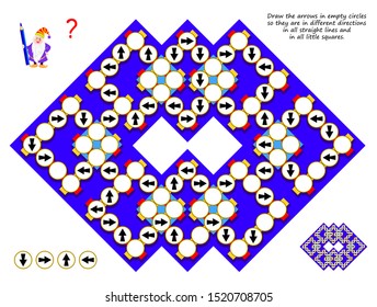 Logical puzzle game for children. Draw the arrows in empty circles so they are in different directions in all straight lines and in little squares. Printable page for kids brain teaser book. IQ test.