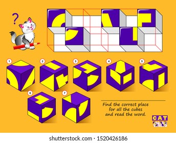 Logical puzzle game for children. Find the correct place for all the cubes and read the word. Study English. Printable page for kids brain teaser book. Developing spatial thinking. IQ training test.