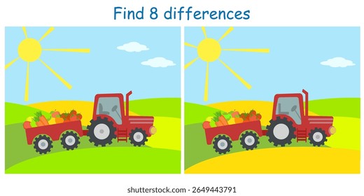 Logical puzzle game. Find 8 differences in pictures with a rural landscape and a red tractor transporting crops on a cart. Vector illustration for children's development.