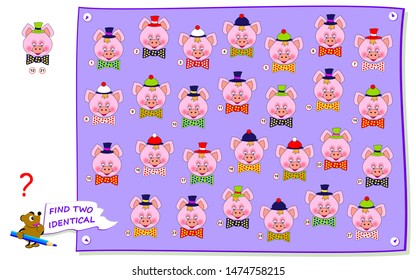 Logical puzzle game for kids and adults. Find two identical pig heads. Printable page for baby brainteaser book or periodical journal. Developing children spatial thinking skills. IQ training test.