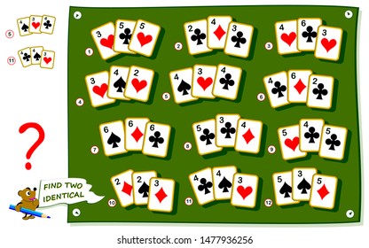 Logical puzzle game for kids and adults. Find two identical card sets. Printable page for baby brainteaser book or periodical journal. Developing children spatial thinking skills. IQ training test.