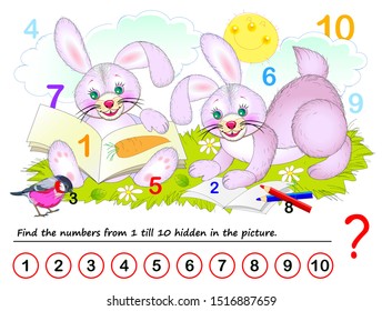 Logical puzzle game for kids. Math exercise for little children. Find hidden numbers from 1 till 10. Developing counting skills. IQ training test. Printable worksheet for textbook. Back to school.