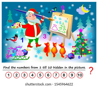 Logical puzzle game for kids. Math exercise for little children. Find hidden numbers from 1 till 10. Developing counting skills. IQ training test. Printable worksheet for textbook. Back to school.