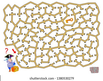 Logical puzzle game with labyrinth for children and adults. Help the pirate find the way till the key to open a treasure chest. Printable page for brainteaser book. Vector cartoon image.