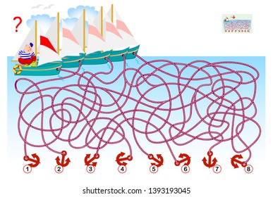 Logical puzzle game with labyrinth for children and adults. Help the sailor find the anchor, which must be raised. Printable page for brainteaser book. Vector cartoon image.