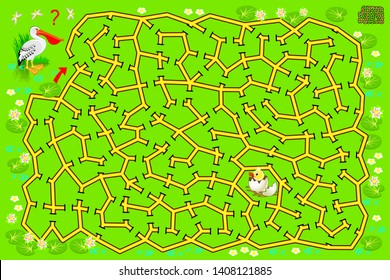 Logical puzzle game with labyrinth for children and adults. Help the pelican find the way till the egg from which has hatched his baby. Printable page for kids brainteaser book. Vector cartoon image.