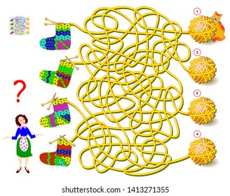 Logical puzzle game with labyrinth for children and adults. Help the housewife find correct ball of yarn to finish knit each of socks. Printable page for kids brainteaser book. Vector cartoon image.