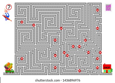 Logical puzzle game with labyrinth for children. Help the lorry find the way and deliver food to the shop respecting traffic signs. Printable worksheet for kids brainteaser book. Vector cartoon image.