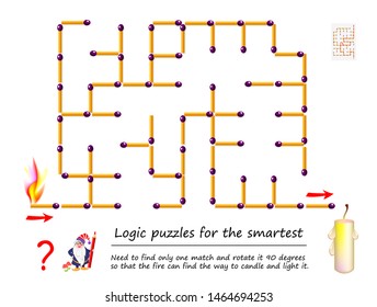 Logical puzzle game and labyrinth for children  Need to find only one match   rotate it 90 degrees so that fire can find way to candle   light it  Printable worksheet for kids brainteaser book 