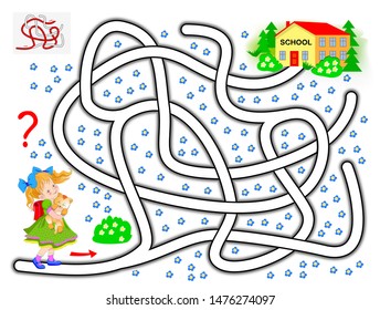 Logical puzzle game with labyrinth for children. Help the little girl find the way till the school. Printable worksheet for kids brainteaser book. Vector cartoon image.