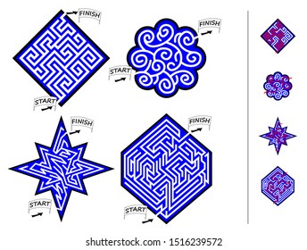 Logical puzzle game with labyrinth for children and adults. Set of little mazes. Find the way from start till finish. Printable worksheet for kids brain teaser book. IQ test. Vector cartoon image.
