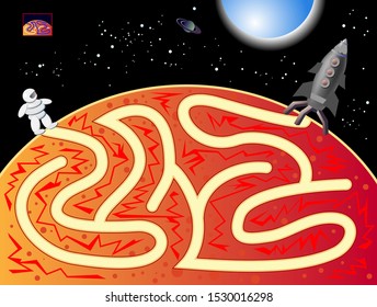 Logical Puzzle Game With Labyrinth For Children. The Astronaut Got Lost On Mars. Help Him Find Way To The Spaceship. Printable Worksheet With Maze For Kids Brain Teaser Book. Vector Cartoon Image.