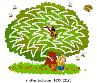 Logical puzzle game with labyrinth for children and adults. Help the bear find the hollow with honey in the tree. Printable worksheet for kids brain teaser book. IQ training test. Flat vector image.