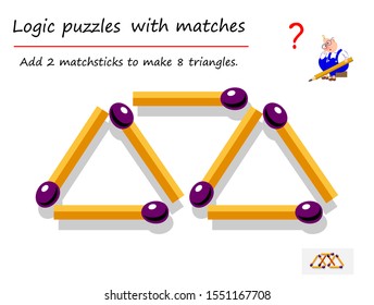 Logical puzzle game with matches for children and adults. Need to add 2 matchsticks to make 8 triangles. Printable page for brain teaser book. IQ training test. Developing spatial thinking skills.