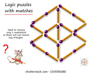 Logical puzzle game with matches for children and adults. Need to remove only 1 matchstick so there will not remain any triangles. Printable page for brain teaser book. IQ training test.