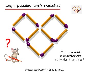 Logical puzzle game with matches for children and adults. Can you add 2 matchsticks to make 7 squares? Printable page for brain teaser book. IQ training test. Developing spatial thinking skills.