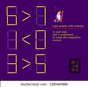 Logical puzzle game with matches. In each task add 1 matchstick to make the inequalities correct. Printable page for brainteaser book. Developing spatial thinking. Vector image.