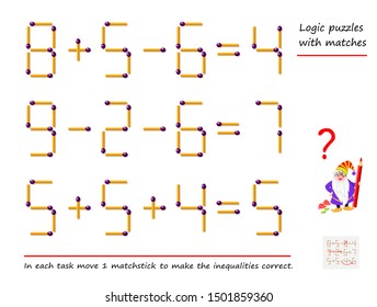 Logical puzzle game with matches. In each task move 1 matchstick to make the inequalities correct. Printable page for brain-teaser book. Developing spatial thinking. Vector image.