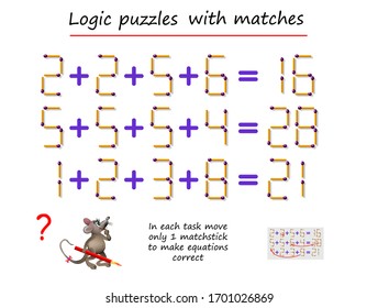 Logical puzzle game with matches. In each task move only 1 matchstick to make equations correct. Math tasks on addition. Printable page for brain teaser book. IQ training test. Vector image.