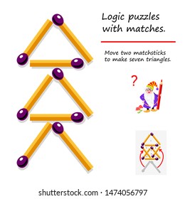 Logical puzzle game with matches. Need to move two matchsticks to make seven triangles. Printable page for brainteaser book. Developing spatial thinking skills. IQ training test. Vector image.