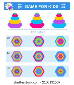 Juego de rompecabezas lógico. Es necesario encontrar la vista superior correcta de las pirámides. Prueba de entrenamiento de CI. Ilustración vectorial. 