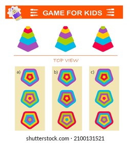 Logical puzzle game. Need to find correct top view of pyramids. IQ training test. Vector illustration. 