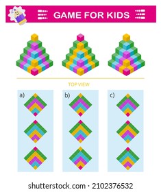 Juego de rompecabezas lógico. Es necesario encontrar la vista superior correcta de las pirámides. Prueba de entrenamiento de CI. Ilustración vectorial. 